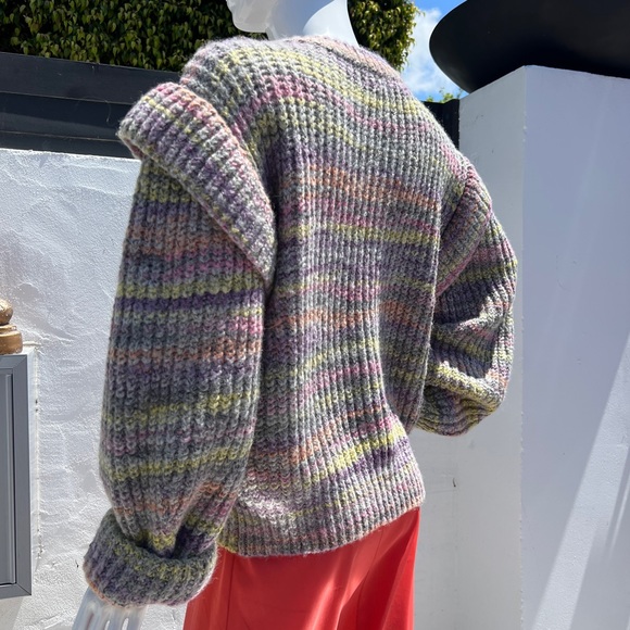 Multicolor Pastel Knit Statement Layered Shoulder Sweater - Picture 2 of 10